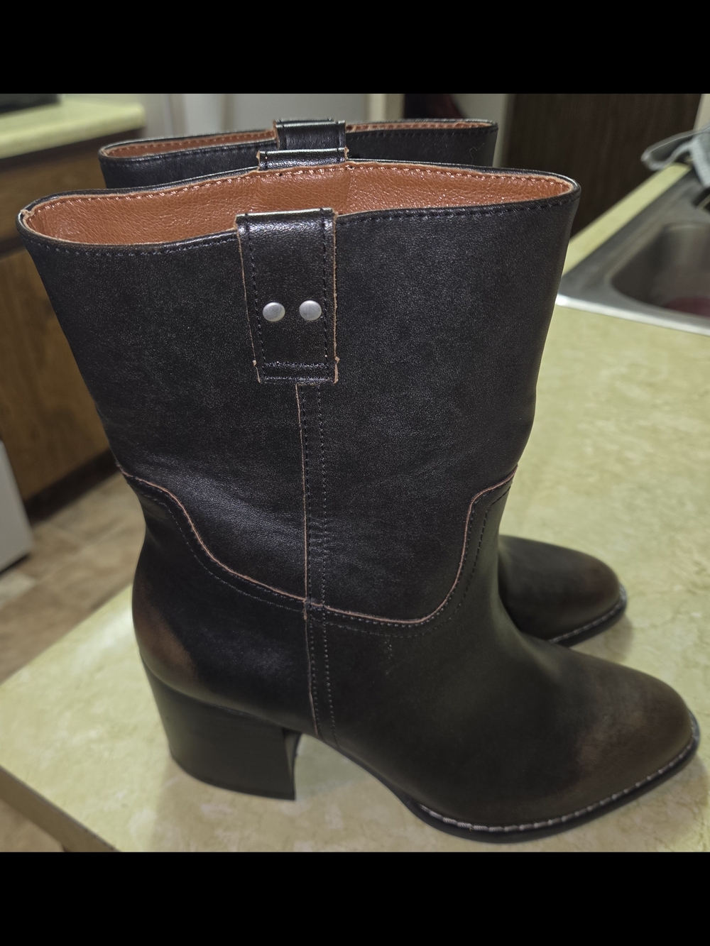 Oasis Society Mid-Calf Deep Brown Heeled Boots with Saddle Stitching